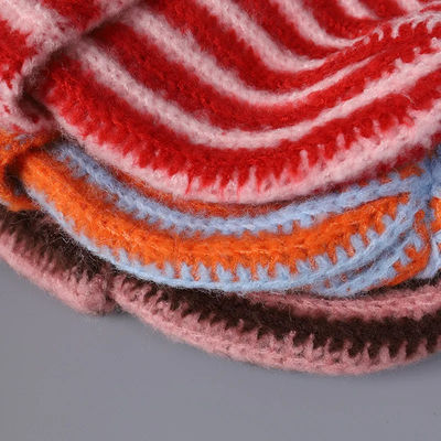 Wholesale High Quality Outdoor Female Wool Winter Warm Knit Beanie Custom Colorful Striped Pattern Beanie Cap for Women