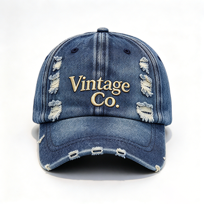 Distressed Vintage Denim Dad Hat Raised Embroidery Hand Wash Recommended Adjustable Strap For Different Head Sizes