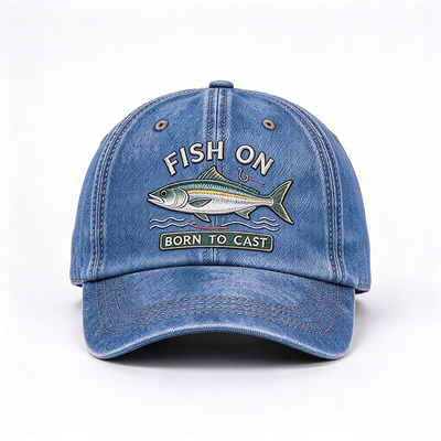 Washed Denim Fishing Dad Hat Raised Embroidery Breathable Lightweight Stylish Practical Headwear For Outdoor Anglers Casual Wear